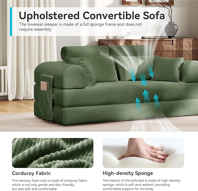 Upgrade High Backrest Design Sofa Bed with Fixed-Shape Frame & Removable Armrests and Backrest, Corduroy Fabric, Convertible Mattress Couch for Small Spaces - No Assembly (High Backrest Olive Green)