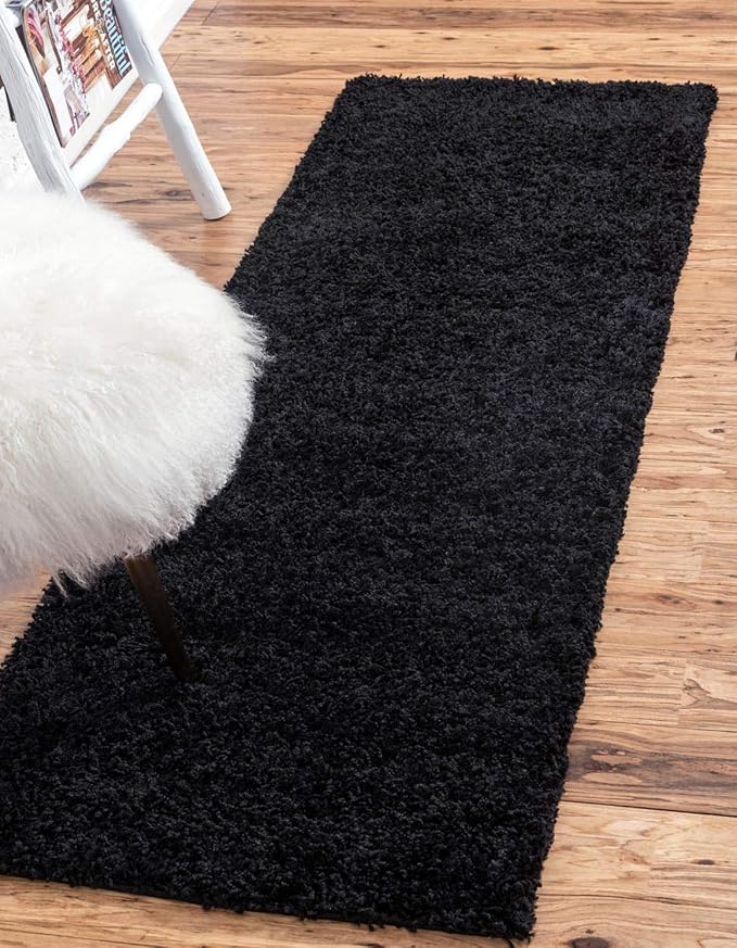 Unique Loom Solid Shag Collection Area Rug (2' 6" x 16' 5" Runner, Jet Black)