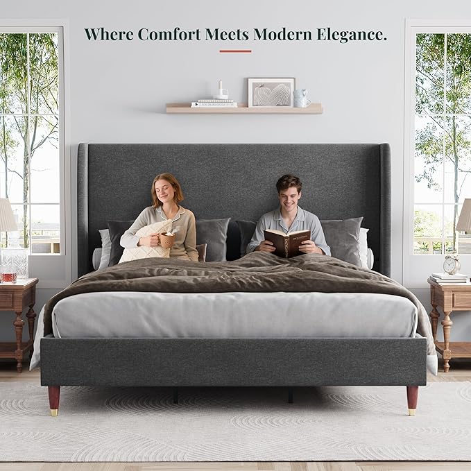 Jocisland King Upholstered Platform Bed Frame with 51.2" Tall Wingback Headboard–Solid Wood Legs, No Box Spring Needed, Dark Grey Linen–Modern Style for Any Bedroom