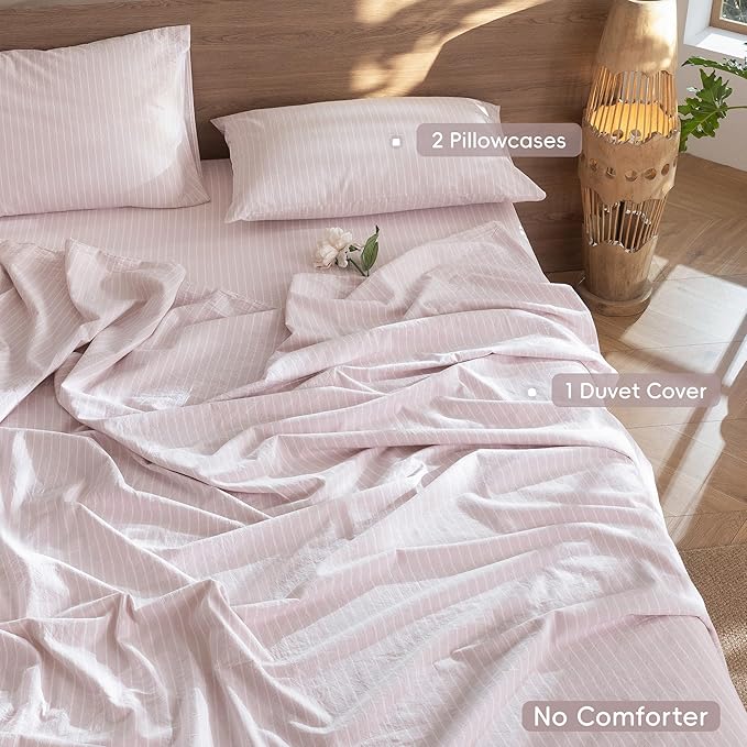 MooMee Striped Duvet Cover Set 100% Washed Cotton Linen Like Textured Breathable Durable Soft Comfy (Heathered Greyish Pink White Wide Stripes, Cal King 104"x98")