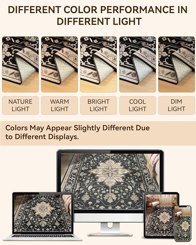 Area Rugs 7ft Washable Non-Slip, Floral Vintage Distress Print Pattern Medallion Carpet for Living Room Bedroom Dining Room, Black Brown Neutral Dark Tan