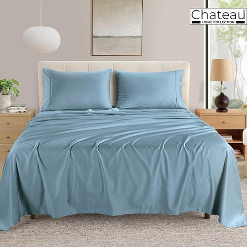 100% Egyptian Cotton Sheets For Queen Size Bed, Certified 400 Tc Deep Pocket Queen Sheet Set, 4 Piece Elasticated Sheet & Pillowcase Sets, No Pill Soft Comfy Naturally Cool & Breathable- French Blue