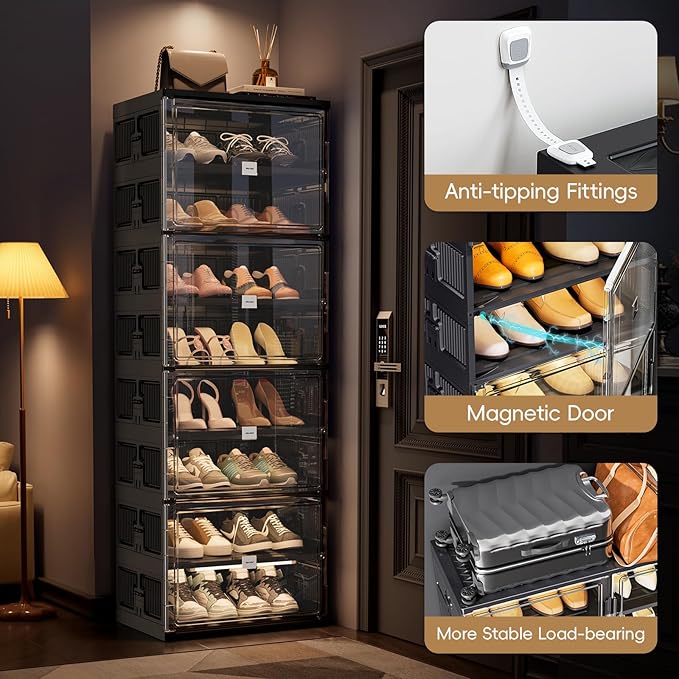 JEKO&JEKO 8-Tier Foldable Shoe Storage Cabinet with Magnetic Doors, Large Stackable Shoe Organizer Cabinet for Entryway (Black)