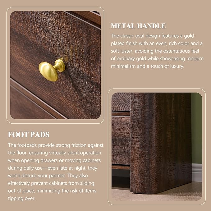 Modern 5 Drawer Dresser for Bedroom, Wooden Chest of Drawers with Curved Profile Design, 39.6" Tall Wood Dresser with Golden Metal Handle for Bedroom, Living Room, Hallway, Brown