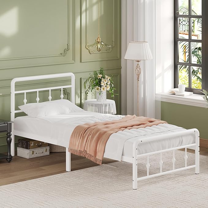 12 Inch Twin XL Bed Frames with Headboard and Footboard, Heavy Duty XL Twin Metal Mattress Foundation No Box Spring Needed, Noise Free, Easy Assembly, White