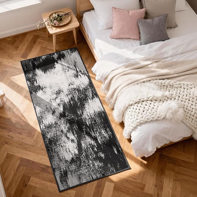 Machine Washable Runner Rug 2x6: Non Slip Hallway Rug Low Pile Kitchen Runner Soft Abstract Rug with Rubber Backing for Entryway Bedroom Bathroom Farmhouse Laundry Living Room Black White 2x6