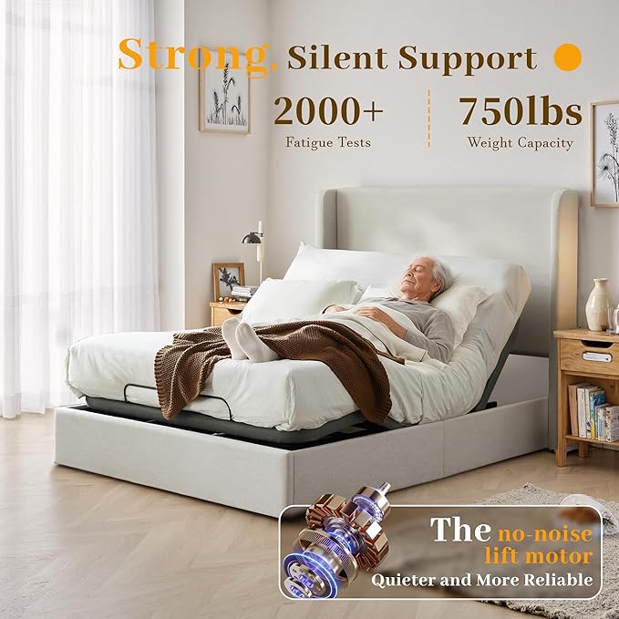 Queen All-in-One Adjustable Bed Frame with Upholstered Wingback Headboard, Head and Foot Incline, Zero Gravity, Massage, App and Wireless Remote, No-Noise, Minimalist, Textured Ivory Canvas