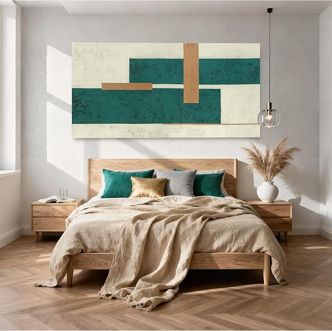 YETHEN WAL Teal Green Abstract Canvas Wall Art Geometric Textured Wall Decor Minimalist Modern Rectangular Art for Living Room Bedroom Office 24x48 Inch
