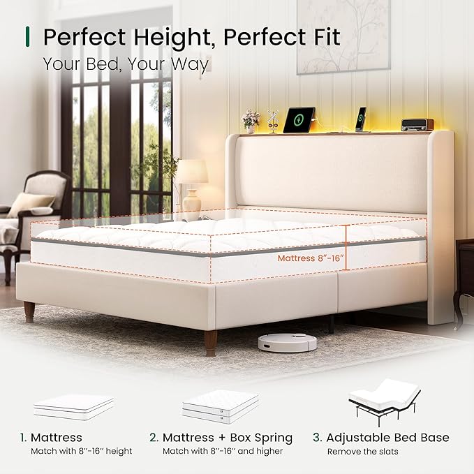 LARMACE King Size Bed Frame with LED Lights and Charging Station Linen Upholstered Platform Bed Frame with 51.2" Tall Wingback Headboard and Storage Shelf, No Box Spring Needed, Easy Assembly, Beige