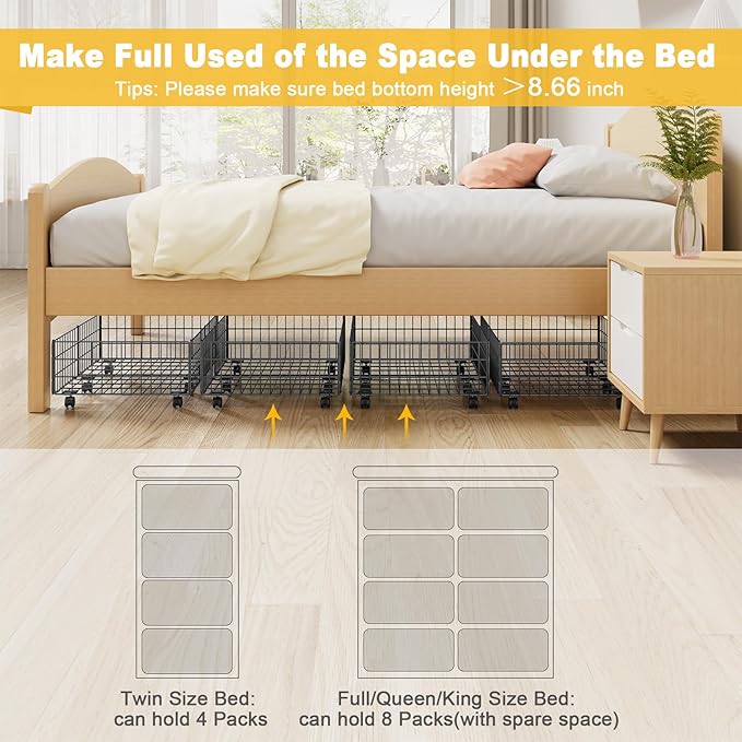 Mr IRONSTONE Under Bed Storage Containers with 6 Wheels | Upgraded Heavy-Duty Metal Frame Holds Up to 80LBS | Space-Saving Rolling Underbed Storage Organizer for Shoes, Clothes & Seasonal Items