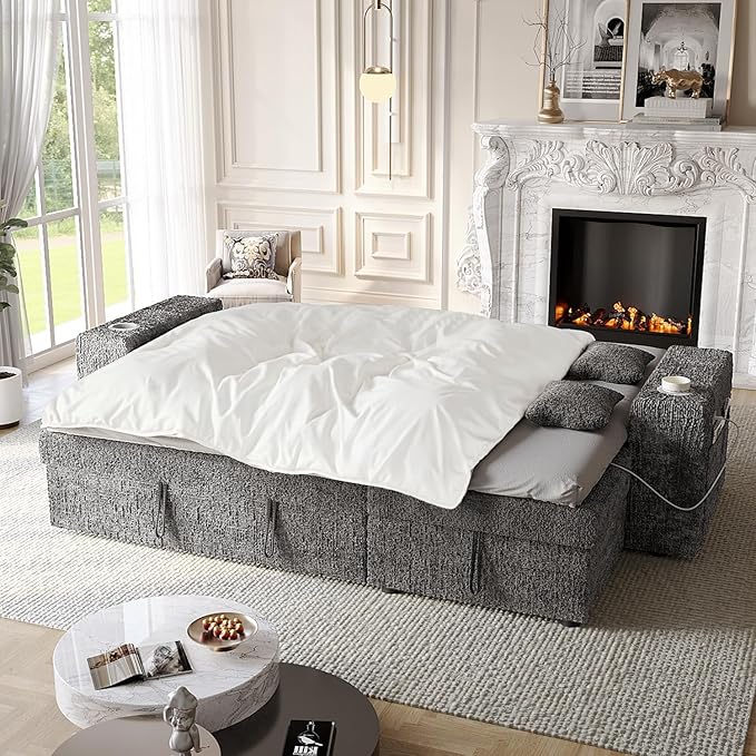4 in 1 Sleeper Sofa Bed, 90 Inch Pull Out Couch Bed with Adjustable Backrest | Reversible Storage Chaise | Wide Armrest | Tool Free Assembly, Sectional Couches for Living Room, Grey Chenille