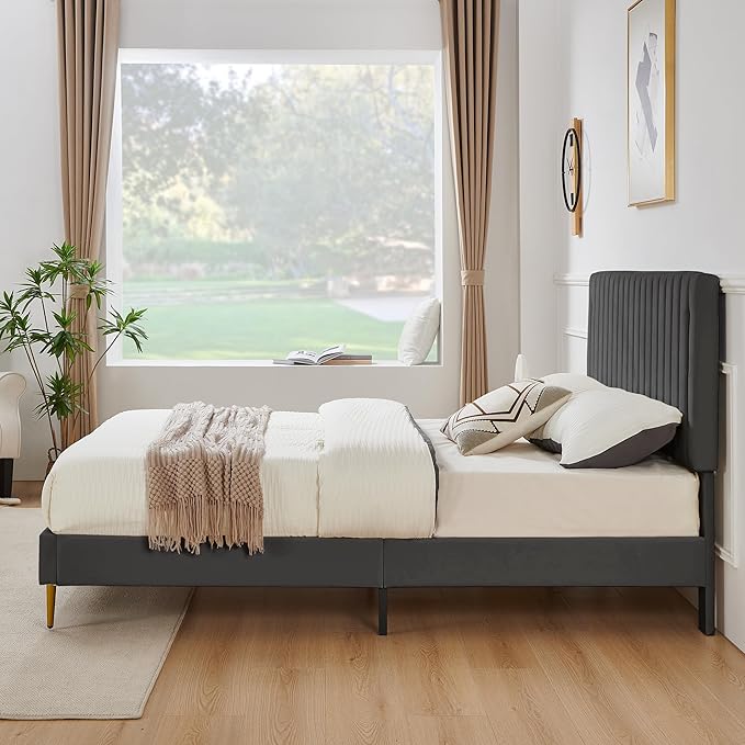 Twin Platform Bed Frame, Velvet Upholstered Bedframe with Vertical Channel Adjustable Headboard, Golden Plating Trim, Mattress Foundation with Wooden Slats, No Box Spring Needed, Grey