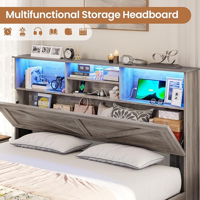 VIAGDO Farmhouse Bed Frame Queen Size with Bookcase Storage Headboard, Charging Station and LED Lights, Wooden Queen Bed Frame with 4 Drawers, Barn Door Design, No Box Spring Needed, No Noise, Grey