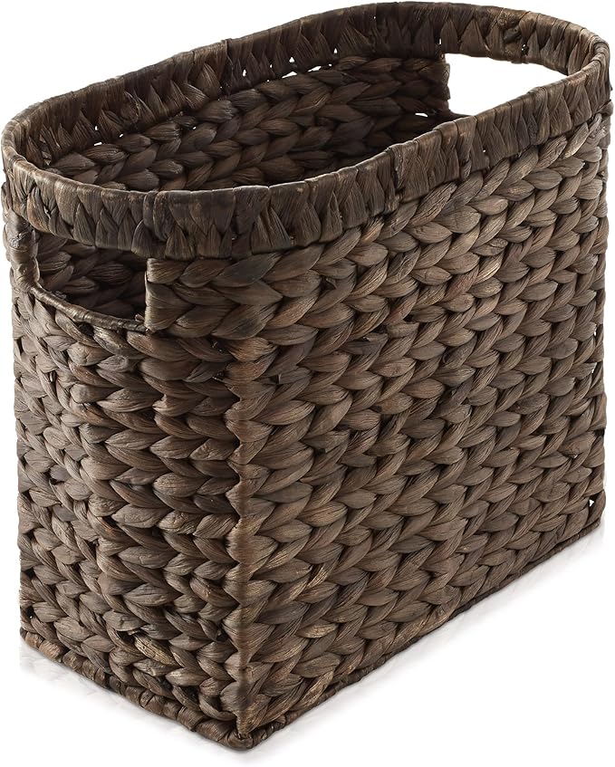 Casafield Woven Magazine Holder with Handles, Espresso Dark Brown - Water Hyacinth Storage Basket for Bathroom, Living Room, Home Office