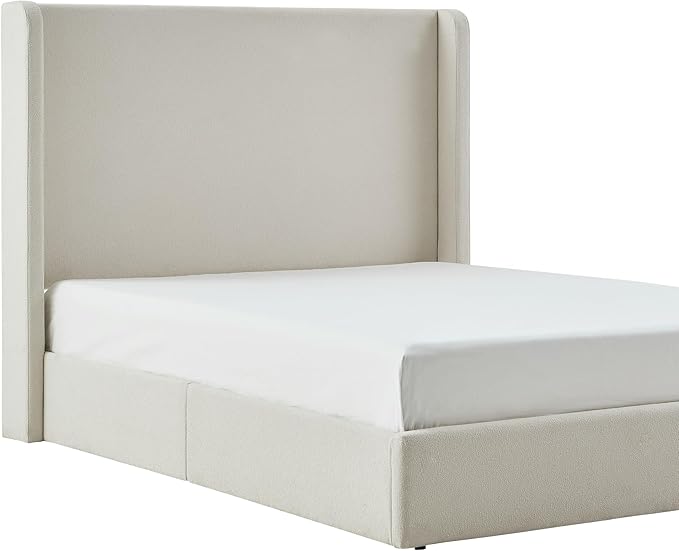 King Size Upholstered Bed Frame, 52.3" High Headboard Carmen Wingback Bed Frames, Tall Headboard Floor Platform Beds, No Box Spring Needed No Noise, Simplicity Minimalist, Beige Boucle