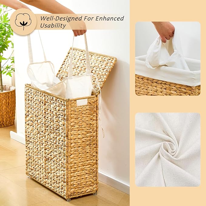 Handwoven Slim Laundry Hamper with Lid, 75L Natural Water Hyacinth Basket and Handles, Narrow Wicker Laundry Basket with Removable Liner Bag & 2 Mesh Bags