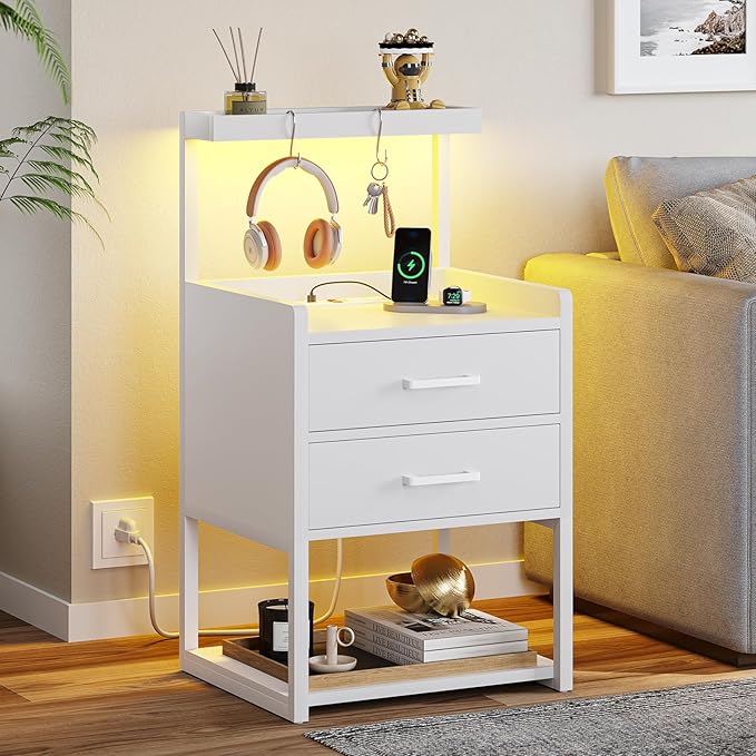 VIAGDO Nightstand with Charging Station and LED Lights, White Bedside Night Stands with 2 Drawers and Open Storage Shelves, Modern End Side Tables for Bedroom, Office