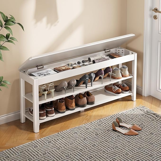 Shoe Rack Bench Seat Rubberwood 2-Tier Wooden Storage Bench 550lbs Compact Mid-Century Modern Design for Entryway, Hallway, Closet, Front Door Entrance, Foyer