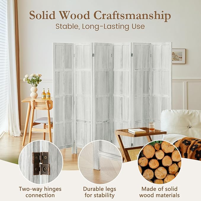 6 Panel Room Divider, 5.6Ft Wood Room Dividers and Folding Privacy Screens, Room Divider Wall Freestanding Room Partitions, Room Dividers Screen for Home Office Bedroom, White