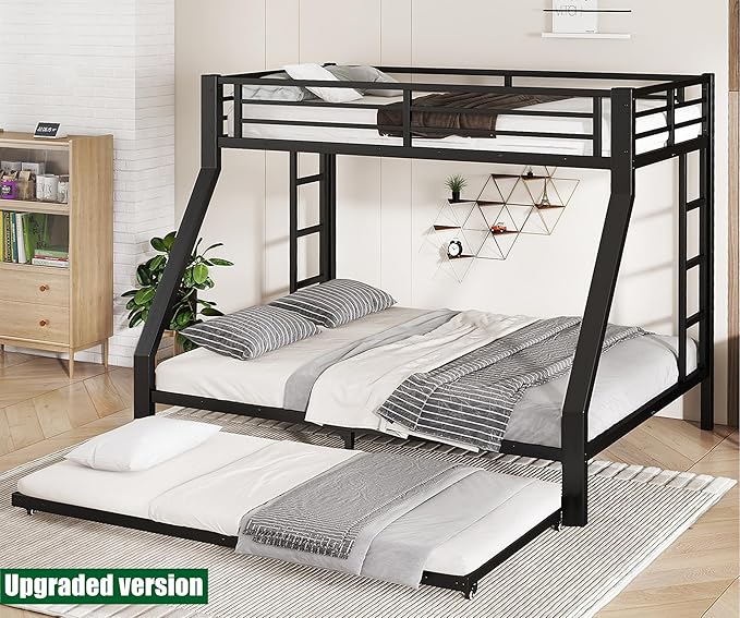 Higher Quality & Stronger Metal Bunk Bed Twin XL Over Queen Size Bunkbed Frame, Thickened Heavy Duty More Stable Steel Bunk Bed with Twin Size Trundle (Twin XL Over Queen)