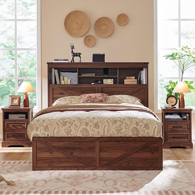 ACCOHOHO Farmhouse Full Size Bed Frame with 52" Tall Storage Headboard and LED Light,Wood Platform Bed Frame with 4 Drawers and Charging Station,Solid Wood Slats Support,No Box Spring Needed,Brown