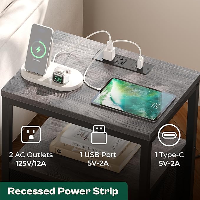 Huuger Nightstand with Charging Station, Side Table with Fabric Drawers, End Table with Open Shelf, Bedside Table with USB Ports and Outlets, Night Stand for Bedroom, Charcoal Gray | with Open Shelf, for Bedroom