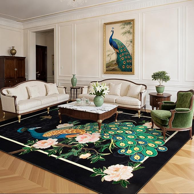 Lahome Peacock Area Rugs 8x10, Black Washable 8x10 Rugs for Living Room, Floral Non Slip Vintage Ultra-Thin Stain Resistance Large Carpet for Bedroom Office Farmhouse Dining Room, Black