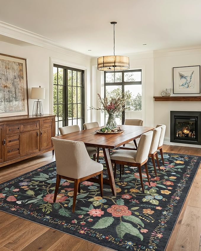 Amada 5x7 Area Rugs, Non-Slip & Low-Profile Living Room Rug with Reinforced Edge Binding, Soft Large Washable Boho Floral Rugs for Living Room, Bedroom, Dining Room