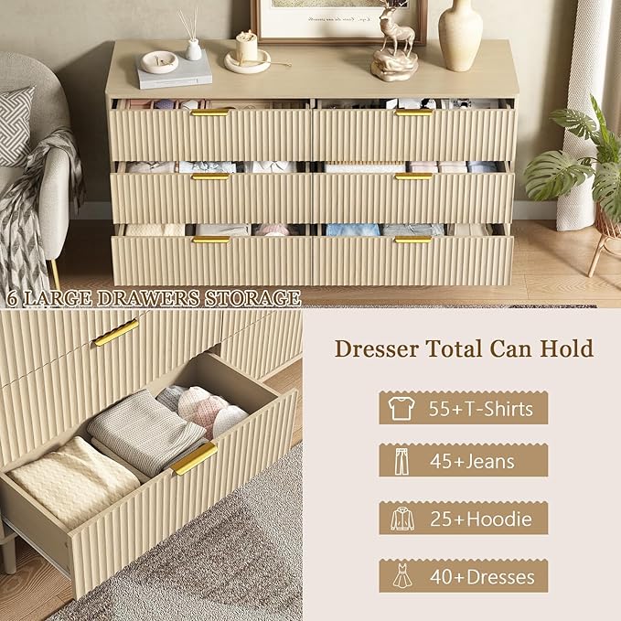 CARPETNAL Fluted 6 Drawer Dresser for Bedroom, 55" Wide Wooden Chest of Drawers with Rounded Corners, Gold Handles, Modern Storage Organizer for Bedroom, Hallway(Beige)