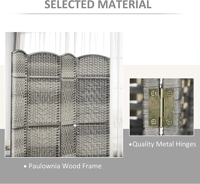 HOMCOM 4 Panel Room Divider, 6' Tall Folding Privacy Screen, Hand-Woven Freestanding Wood Partition for Home Office, Bedroom, Mixed Gray