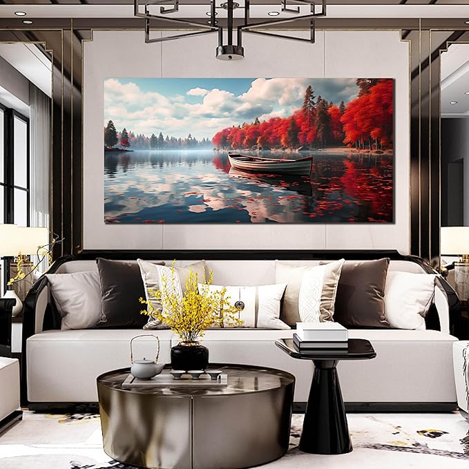 Large Wall Art for Living Room Bedroom Office Red Forest Wall Art Lake Landscape Pictures Modern Artwork Framed Canvas Prints 29x59 Inch