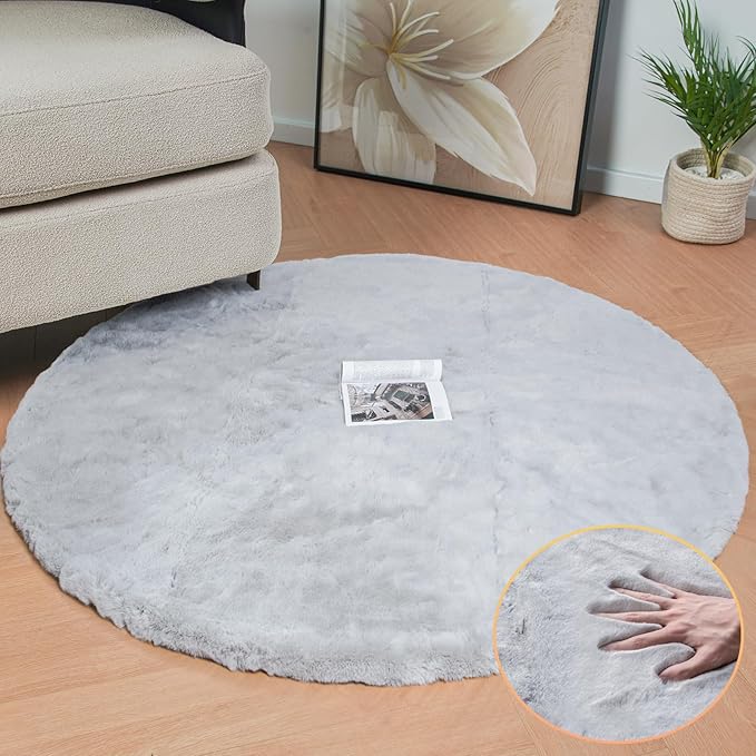 Grey Round Rug 3ft Machine Washable Shaggy Area Rugs for Living Room Faux Bunny Fluffy Fur Rug for Bedroom Small Circle Nursery Rug