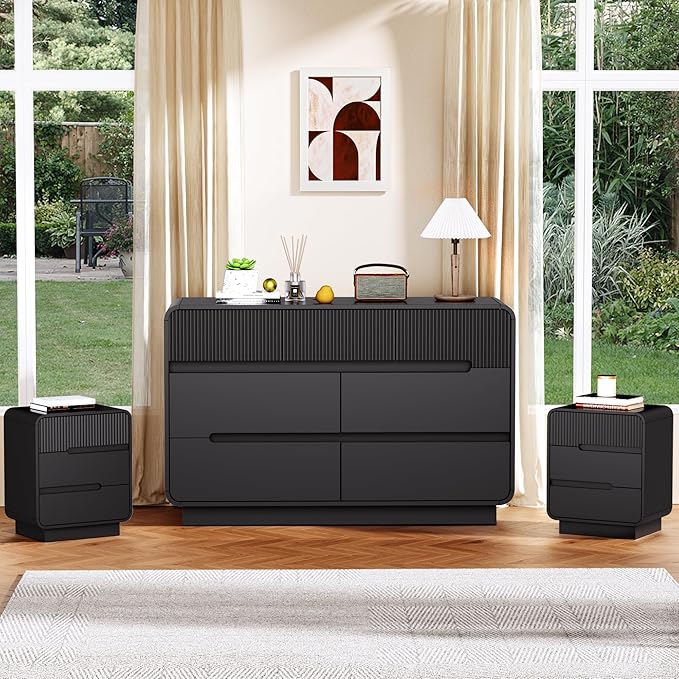 7 Drawer Dresser and 2 Nightstand Sets for Bedroom 3 Pcs Bedroom Set, Modern 47.2" Fluted Dresser with Invisible Handles Nightstand Charging Station, Bedroom Furniture Set for Living Room, Black