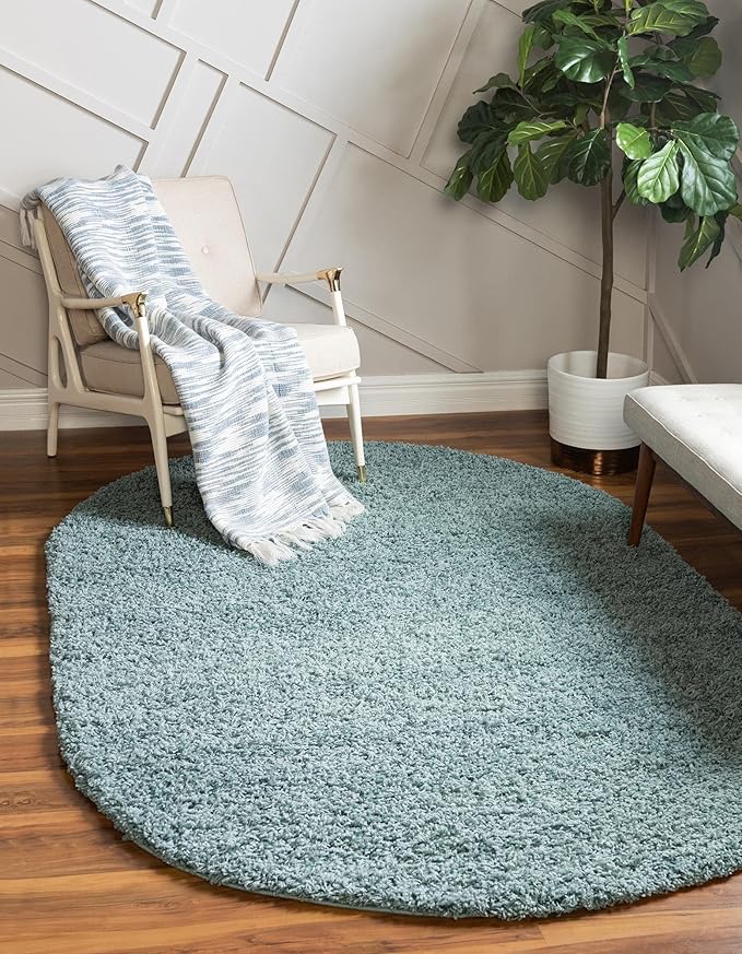 Unique Loom Solid Shag Collection Area Rug (5' 1" x 8' Oval, Light Slate Blue)