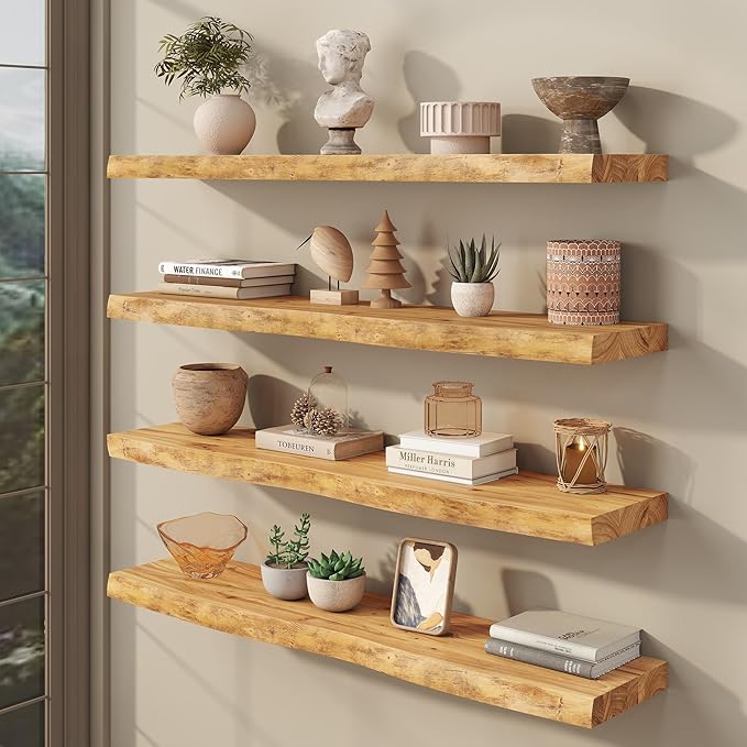 fuqing Live Edge Floating Shelves for Wall 40 inch, 8 Inch Deep Solid Elm Wood Floating Wall Shelves - Rustic Wooden Shelves with Invisible Brackets for Living Room Bedroom Kitchen, 1 Pack, Natural