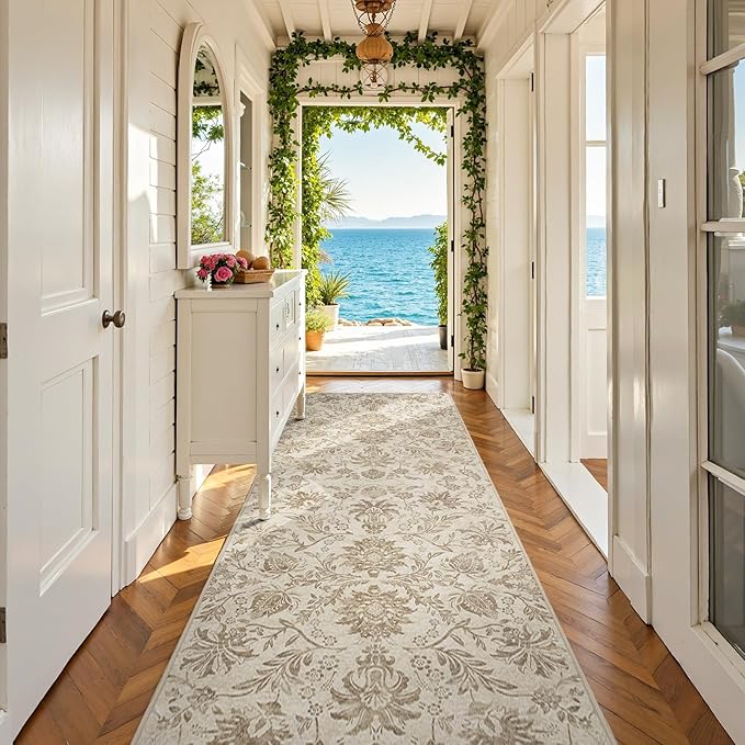 jinchan Torino Runner Rugs 3x10, Vintage-Inspired Floral Neutral Design Machine Washable Non-Slip Ultra-Thin Low-Pile Rubber Backing Traditional Rug for Kitchen Hallway Laundry Room Entryway Taupe