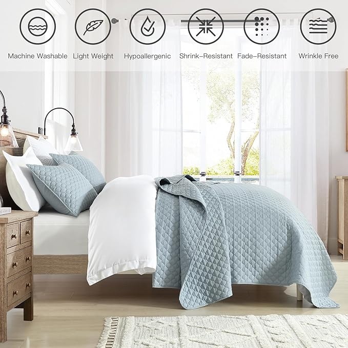HORIMOTE HOME Quilt King Size Chambray Blue, Lightweight Quilt for Summer, Ultra-Soft Polyester Modern Style Quilted Clouds Pattern Bedspread Quit Set 3 Pieces(1 Quilt and 2 Pillow Shams)