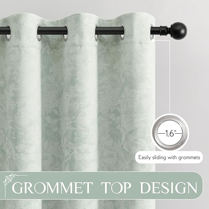 Beauoop Green Floral Jacquard Blackout Curtains 84 Inches Long 2 Panels for Bedroom Living Room Sage Flower Chenille Room Darkening Thermal Insulated Soundproof Grommet Window Treatments Drapes, 52x84