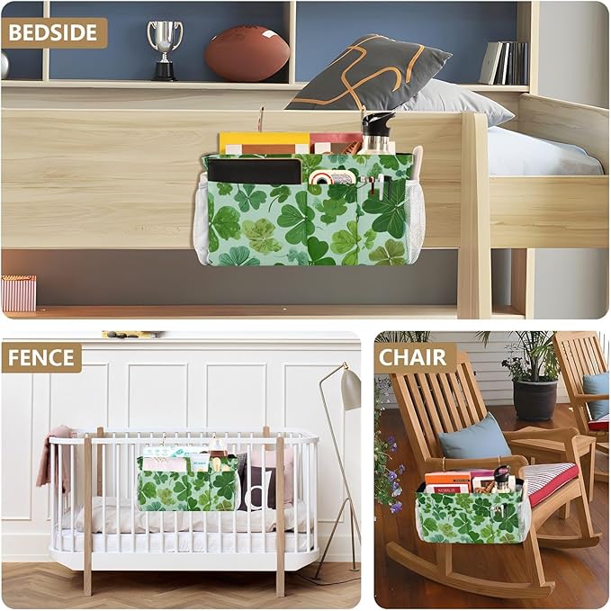 Bedside Caddy Hanging Bunk Bed Caddy Bed Organizer Hanging Pocket with 2 Hooks Bedside Storage Organizer Pocket Bag Holder Green Nature St Patrick Clovers