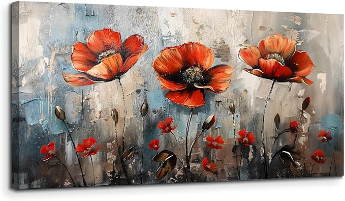 SERIMINO Large Wall Art for Living Room, Nature Floral Botanical Wall Decor, Red Flowers Canvas Prints Pictures, Wildflower Modern Home Decor Bathroom Dining Room Kitchen Paintings 24"X48"