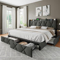 Feonase King Size Bed Frame with 4 Storage Drawers, Upholstered Platform Bed with Charging Station, Wingback Storage Headboard, Wooden Slats Support, No Box Spring Needed, Easy-Assembly, Dark Grey
