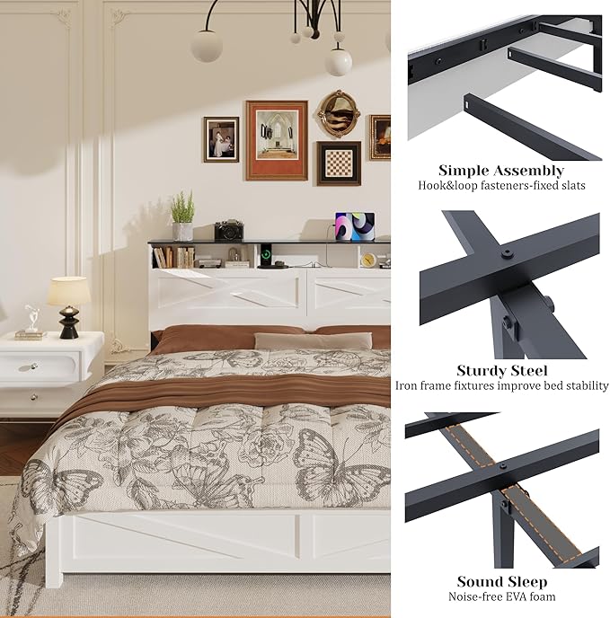 King Size Bed Frame with Wooden Storage Headboard, Farmhouse Platform Bedframe with LED Lights and Charging Station, Easy Assembly, No Box Spring Needed (White, King)