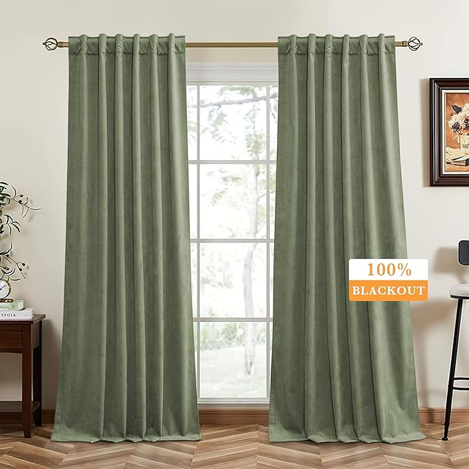 RYB HOME Blackout Velvet Curtains 108 inches Long, Total Light Blocking Room Darkening Thermal Insulated Back Tab Curtains for Nursery Bedroom, Sage Green, 52W x 108L, 2 Panels