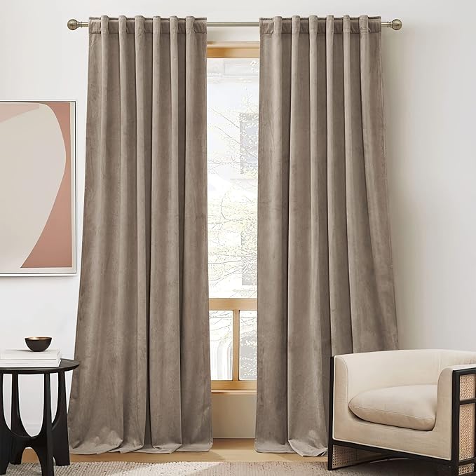 RYB Home Taupe Bedroom Curtains Heavy Velvet 90 inches Long, Darkening Privacy Window Curtains Soft Durable Velvet Backdrops for Sliding Door Living Room Guest Room, W52 x L90, 2 Panels