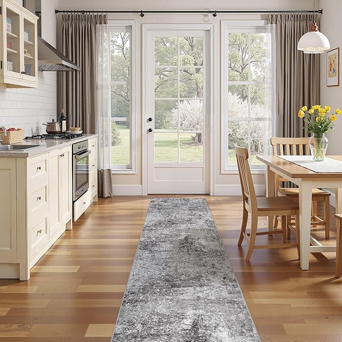 Washable Runner Rug for Hallway: 2.6x10 Neutral Modern Abstract Low Pile Area Rug with Non-Slip Backing - Carpet for Bedroom Kitchen Laundry Entryway Bathroom Indoor - Grey