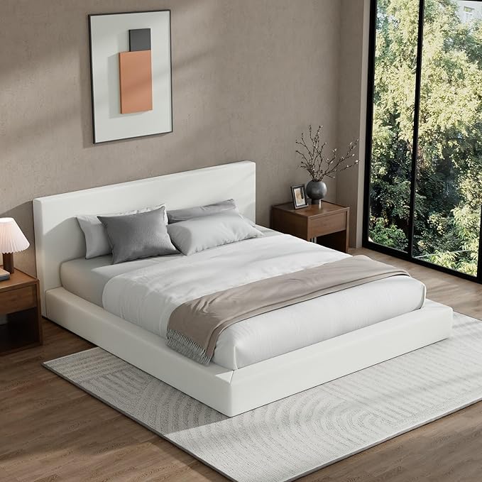 RECCI Cloud Upholstered California King Bed Frame with Headboard, 5 Inch Foam Padded Platform, No Box Spring, Easy Assembly (Snow White)