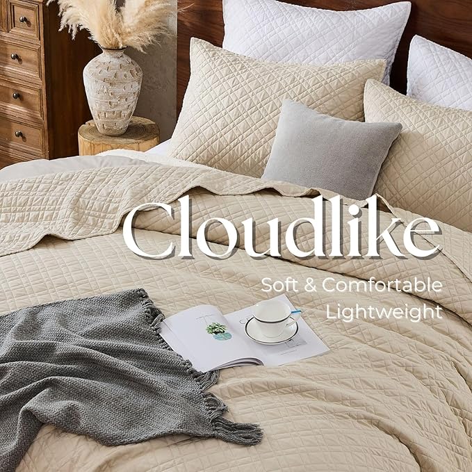 DOWN HOME Twin Quilt Set with Sham Lightweight Quilted Bedspread Coverlet Thin Comforter Bed Cover Vintage Washed Quilted Blanket for All Season, Brushed Microfiber Diamond Stitching, Beige, 66"x92"