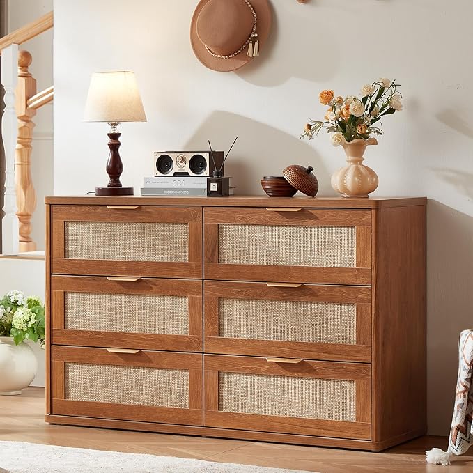 LEYAOYAO Rattan Dresser and Nightstand Sets 3 Piece, Boho Wood Dresser for Bedroom with 6 Drawers and Night Stand with Charging Station, Bedroom Furniture, Dressers & Chests of Drawers, Living Room