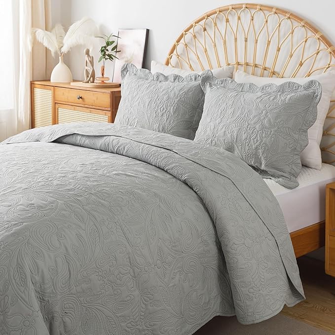 HoneiLife Quilt Set Queen Size - 3 Pieces Queen Quilt Bedding Set Microfiber Quilt Sets Lightweight Bedspreads Reversible Coverlets Retro Bed Cover Floral Bedding Set All Season Quilts-Light Grey
