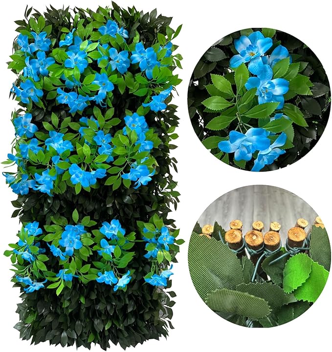 Sumery Expandable Fence Privacy Screen for Balcony Patio Outdoor,Decorative Faux Ivy Fencing Panel,Artificial Hedges (Single Sided Leaves) (2, Branches -Blue Fowers)